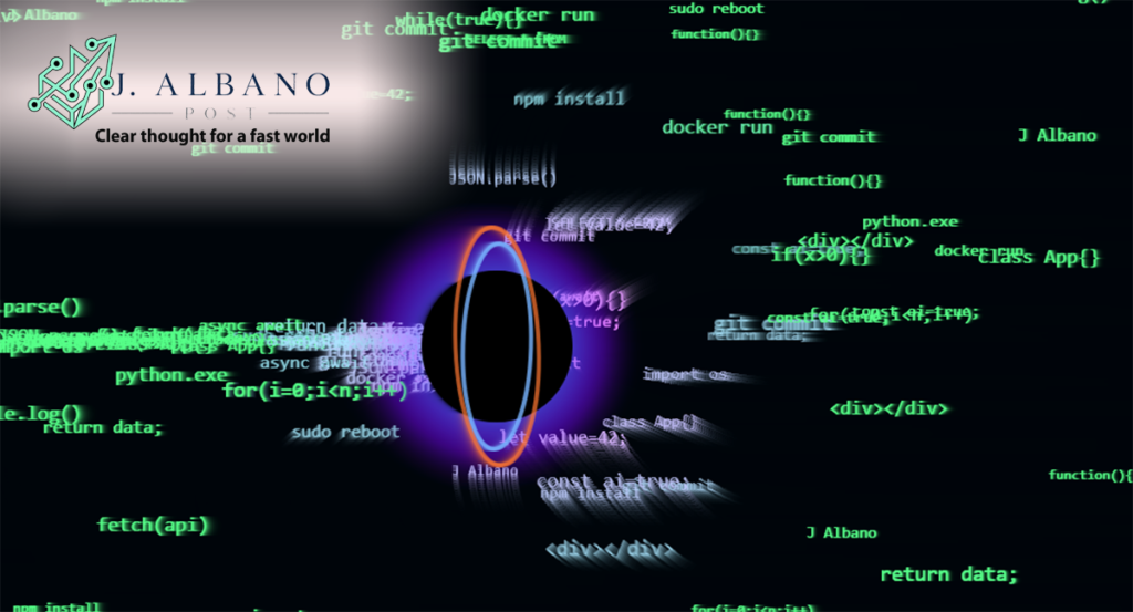 An abstract digital artwork representing an AI chatbot entity, featuring a central dark void encircled by glowing orange and blue rings, surrounded by floating, blurred green and white programming code snippets on a black background, with the J. Albano Post logo in the top-left corner.