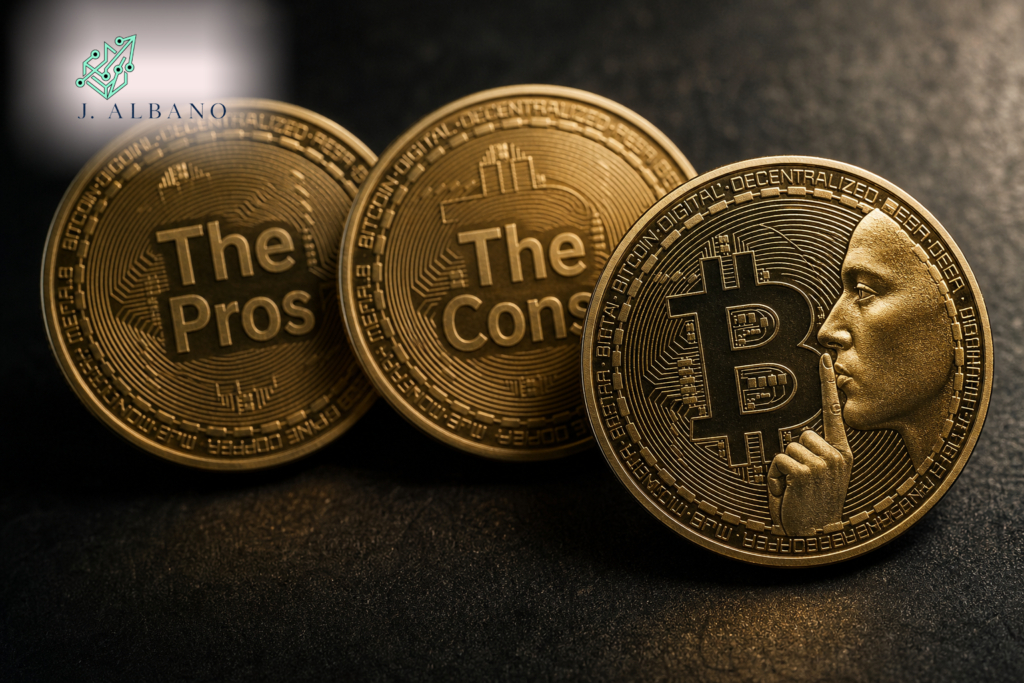 Hyperrealistic close-up of three gold bitcoins on a dark surface, labeled “The Pros,” “The Cons,” and a shushing bitcoin.