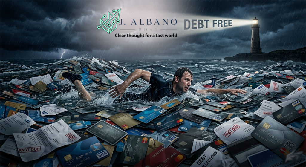 A man swimming through a stormy ocean filled with credit cards and past-due bills, looking toward a distant lighthouse projecting the words "Debt Free" in its light beam.