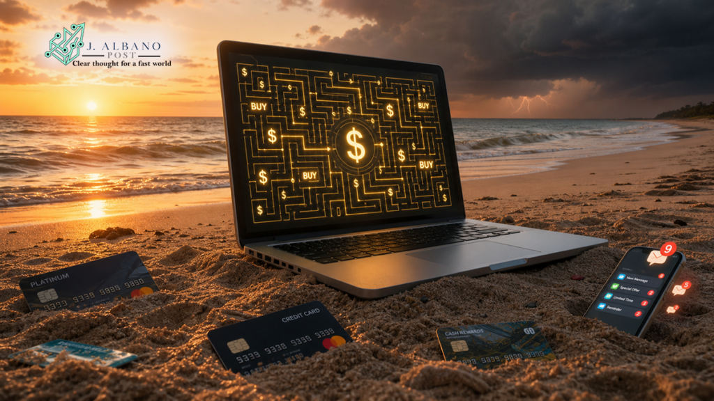 Laptop on a beach showing a money trap screen with credit cards buried in the sand at sunset.