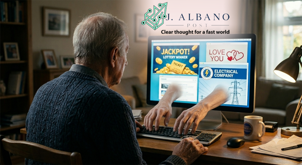 Conceptual illustration of an older man looking at scam alerts on a monitor while realistic human hands emerge from the screen to type on his keyboard.
