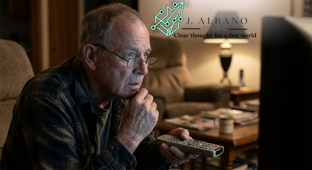 An older man with glasses leaning forward intently watching a television commercial late at night in a dimly lit living room.