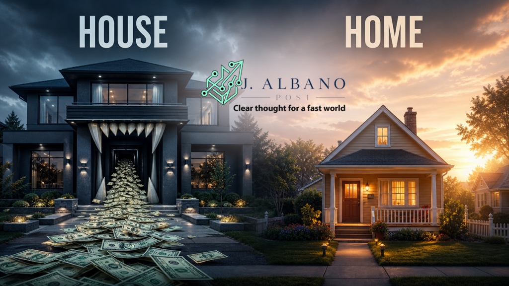 A split-screen image contrasting a "House" and a "Home." On the left, a dark, ominous modern mansion under storm clouds has a mouth with sharp fangs for an entrance, with a massive river of dollar bills spilling out of it. On the right, a charming, small cottage is bathed in a warm, peaceful sunset, with welcoming light glowing from its windows.