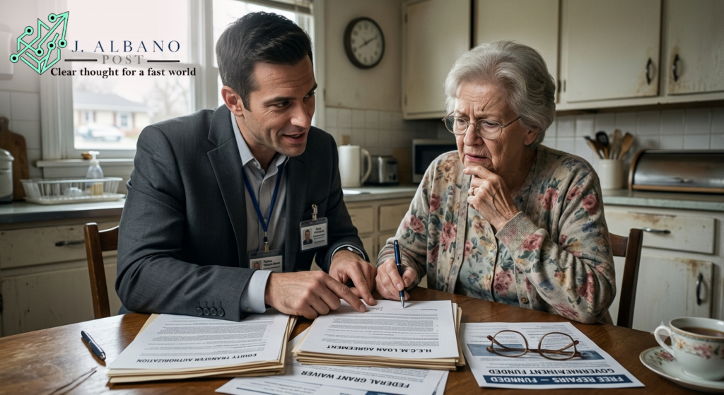 A high-pressure salesman pointing at a signature line on HECM loan documents to exploit an anxious elderly homeowner in her kitchen.