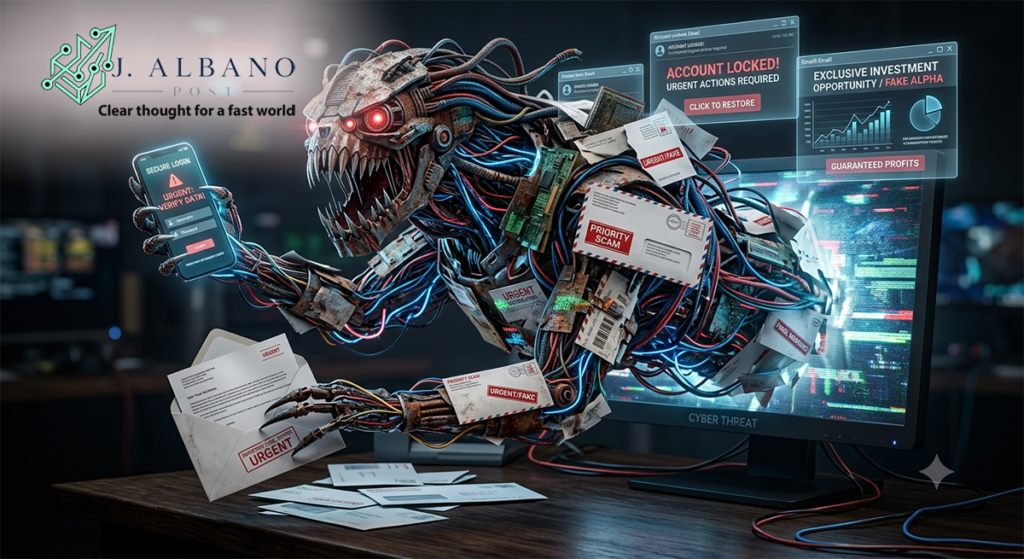 A hyperrealistic mechanical creature constructed from tangled wires, glowing circuit boards, and rusted metal cables emerging from a dark computer screen. The entity holds a smartphone displaying a red urgent data verification warning while simultaneously reaching out with a robotic claw to place stamped paper mail envelopes marked with red urgent and priority stamps onto a dark wooden desk.