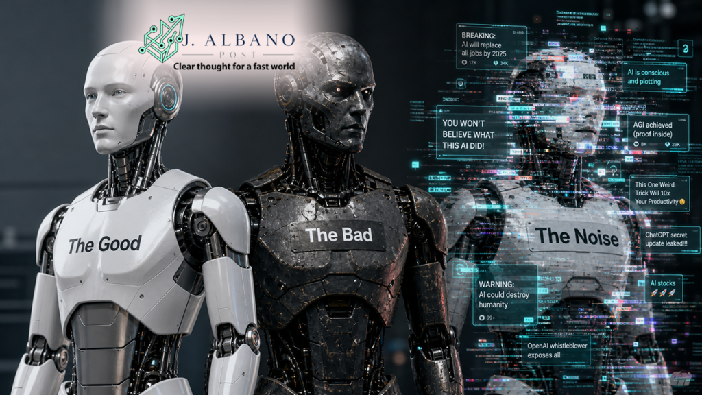 Three humanoid robots standing side by side against a dark background. The first robot on the left is sleek, clean white plastic and labeled "The Good". The center robot is made of weathered, dark, scratched metal and labeled "The Bad". The third robot on the right is covered in digital glitches, code fragments, and holographic blue clickbait pop-up boxes, labeled "The Noise". The J. Albano Post logo is visible in the top left.