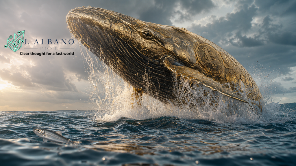 A massive whale in gold Bitcoin armor breaching from dark teal waves while a tiny sardine struggles in rough sea below