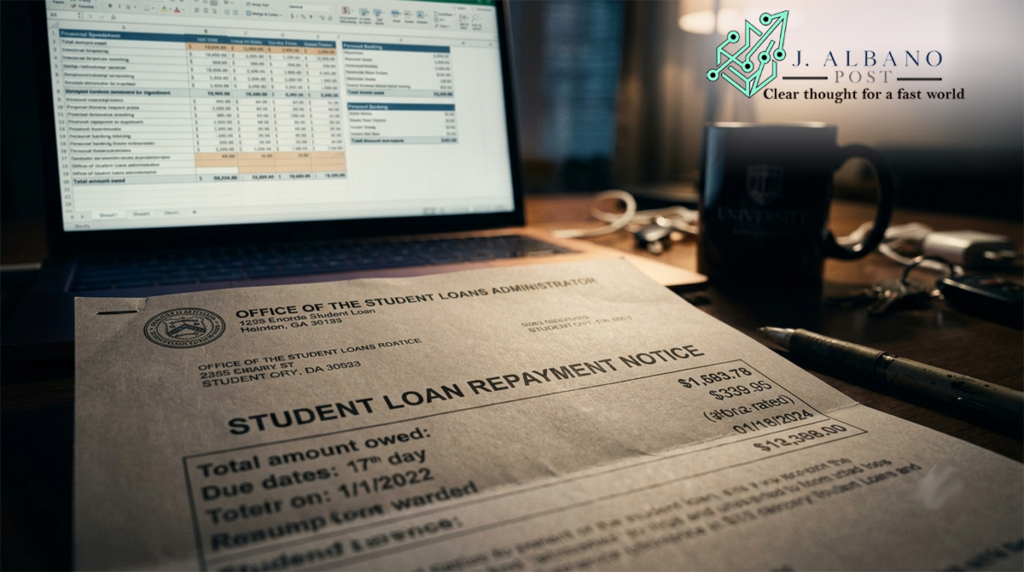 A close-up shot of an official-looking document titled "Student Loan Repayment Notice" resting on a desk, with a laptop displaying a financial spreadsheet and a coffee mug in the blurred background.
